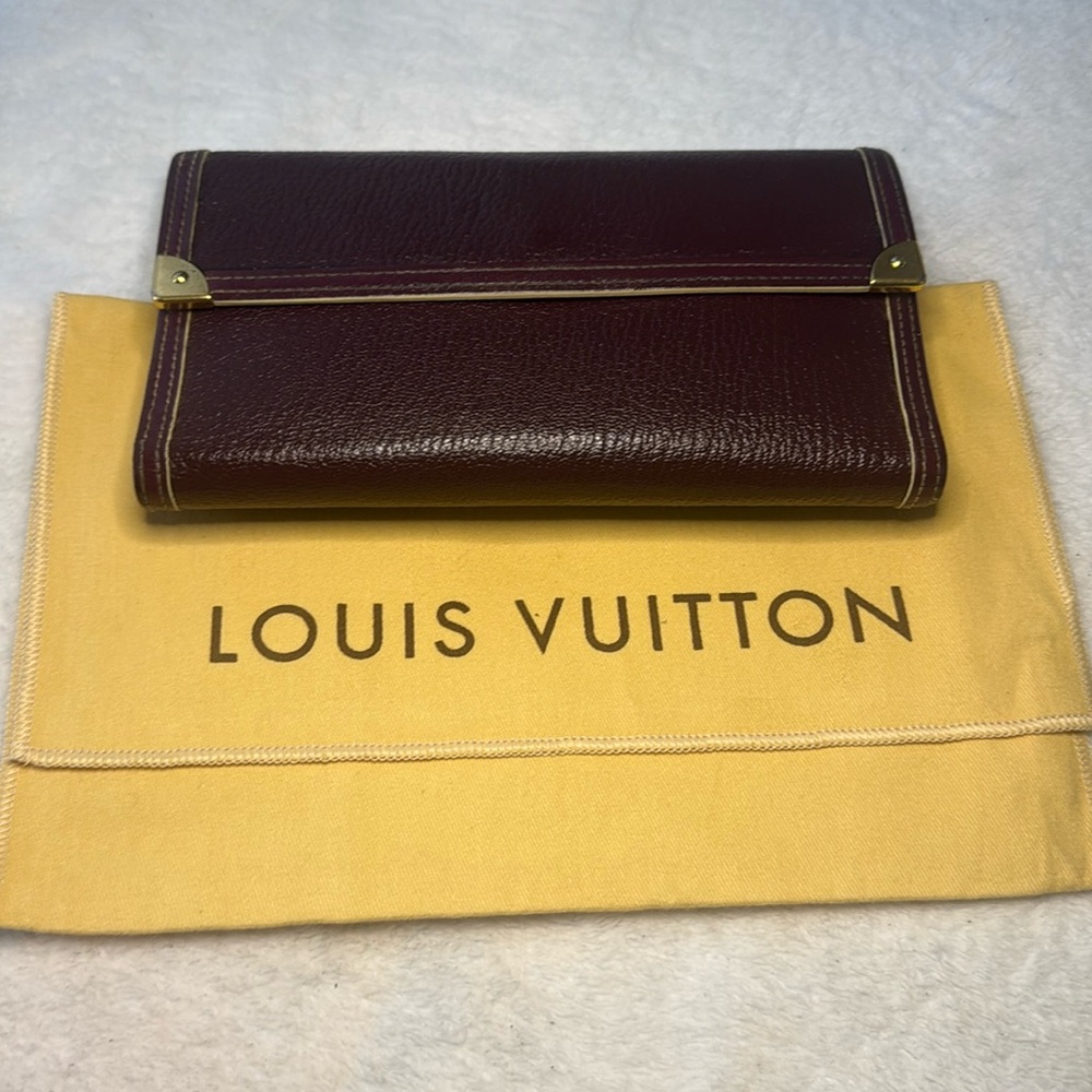 Louis Vuitton Deep Burgundy Leather Long Wallet with Gold-Tone Accents